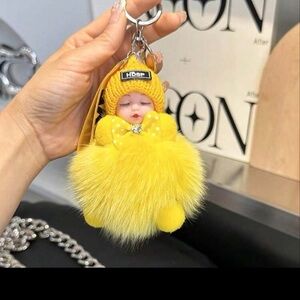 Yellow Fluffy Keychain with Doll